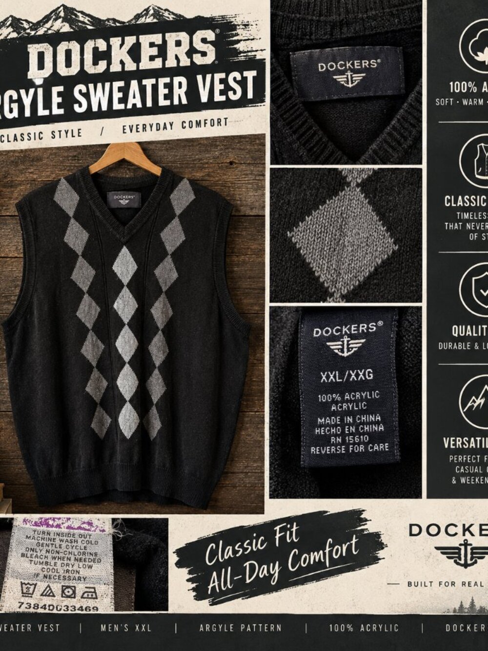 Dockers Men's Argyle V-Neck Sweater Vest XXL Black Gray Knit Classic Preppy Golf